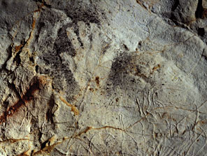 Main négative surchargeant les gravures à la grotte Cosquer